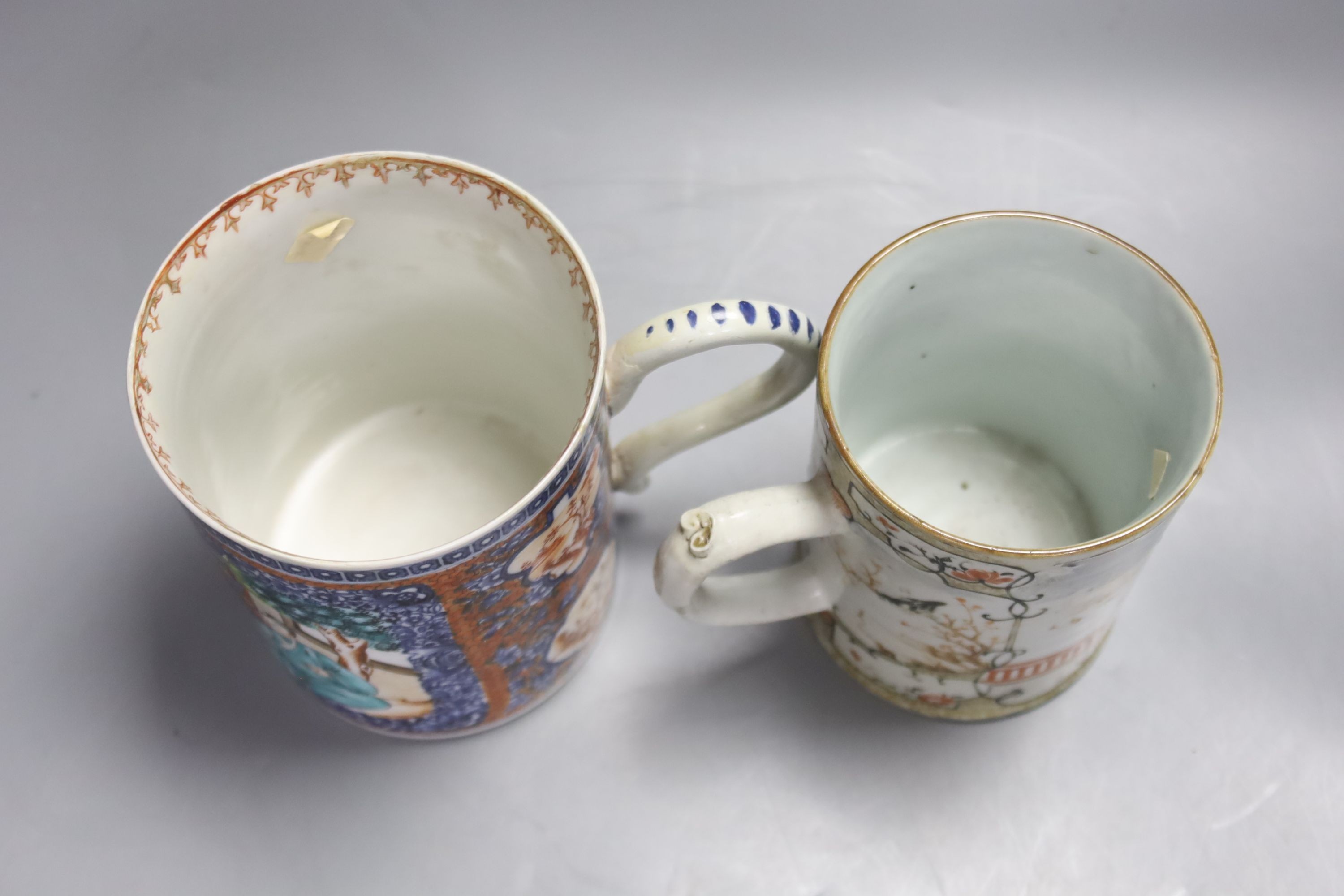 Two large 18th century Chinese famille rose export mugs, height 13.5cm